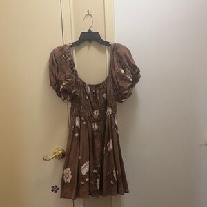 HYFVE Brown Floral Puff Sleeve Mini Dress